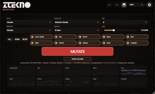 ZTEKNO「MIDI Mutator」リード・ベース・コードなど10種類のMIDIパートを一括生成して作曲を効率化できる作曲支援プラグイン｜DTMプラグインセール