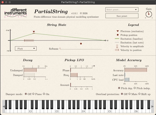Different Instruments「PartialString」弦の振動をリアルタイムで数値計算し、自然なサウンドを生み出す物理モデリングシンセサイザー|DTMプラグインセール