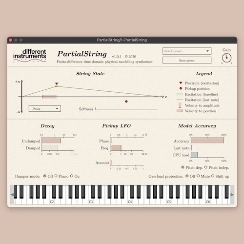 Different Instruments「PartialString」弦の振動をリアルタイムで数値計算し、自然なサウンドを生み出す物理モデリングシンセサイザー｜DTMプラグインセール