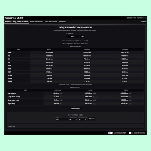 Celestial Textures「Project Tool」リバーブ・ディレイの時間計算やBPM変換、周波数テーブル、セッションメモを搭載した音楽制作向けユーティリティプラグイン｜DTMプラグインセール