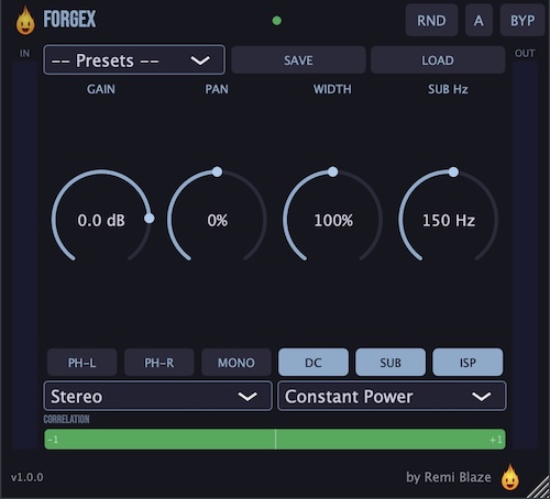 Remi Blaze「Forgex」ゲイン調整からステレオコントロール、低域のモノラル化まで対応する多機能チャンネルユーティリティ|DTMプラグインセール