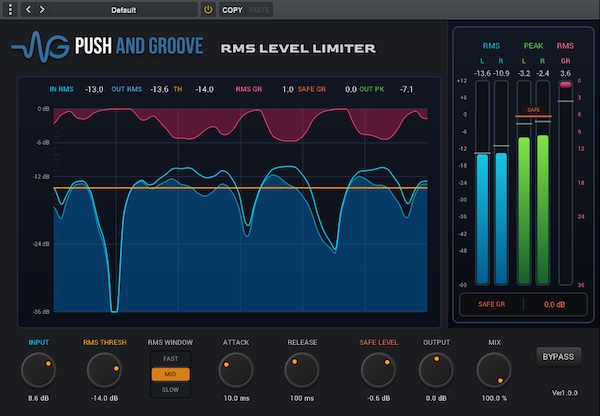 Push and Groove「RMS LEVEL LIMITER」平均音量(RMS)を自然に整えながらピークも管理できるRMSベースのリミッタープラグイン|DTMプラグインセール
