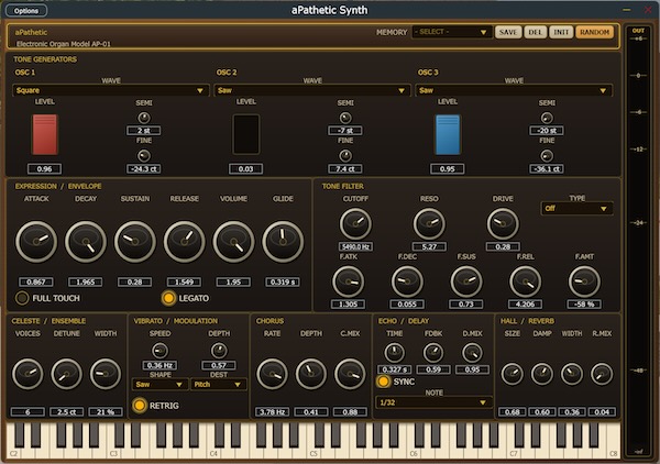 aPathetic「aPathetic Synth」1980年代の家庭用電子オルガンをイメージしたレトロなデザインと、本格的な音作りを楽しめるWindows向けシンセサイザー|DTMプラグインセール