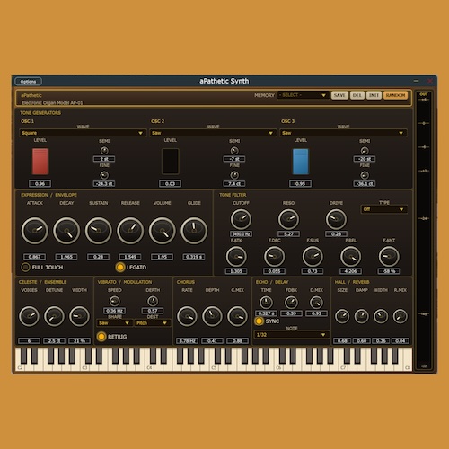 aPathetic「aPathetic Synth」1980年代の家庭用電子オルガンをイメージしたレトロなデザインと、本格的な音作りを楽しめるWindows向けシンセサイザー｜DTMプラグインセール