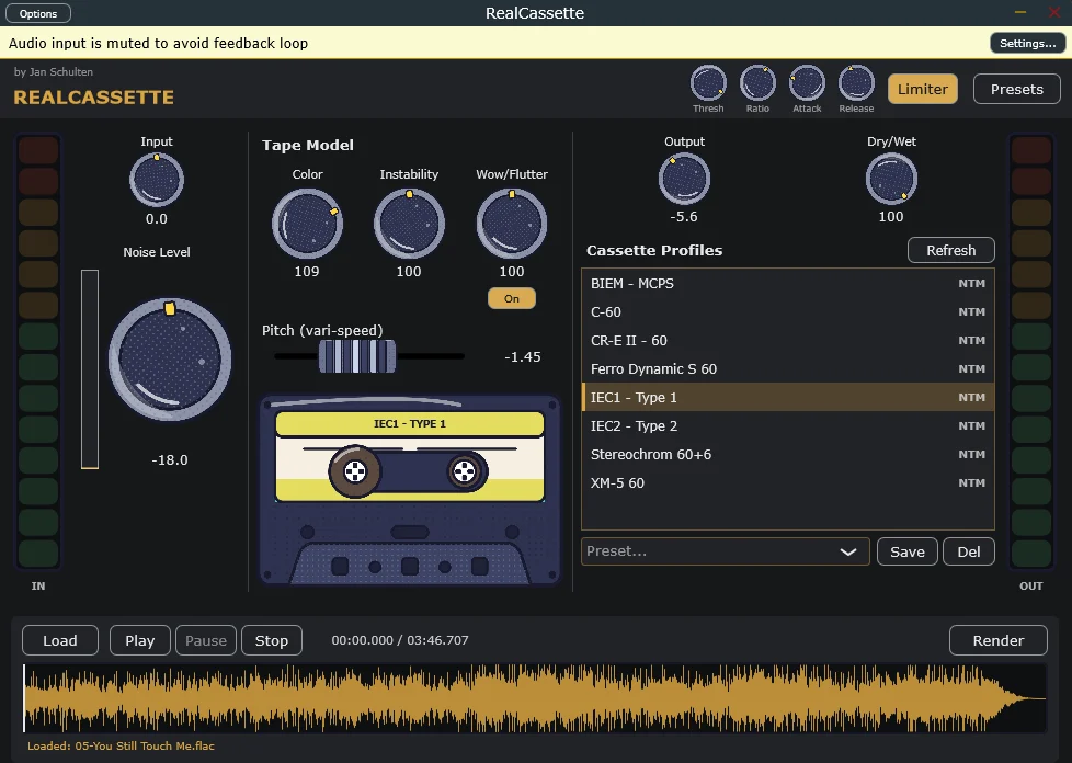 Jan Schulten「RealCassette Plugin and Standalone」本物のカセットテープ由来の音色・ノイズ・ピッチの揺らぎを再現できるテープシミュレーター｜DTMプラグインセール