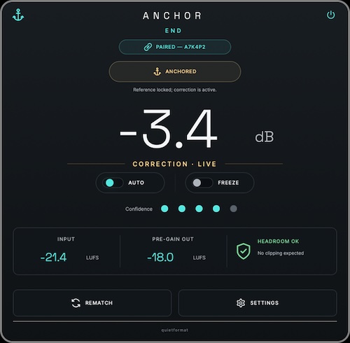 quietformat「ANCHOR」コンプレッサー・EQ・サチュレーターの音量変化を自動補正し、ミックスバランスを崩さず音作りできる無料プラグイン｜DTMプラグインセール