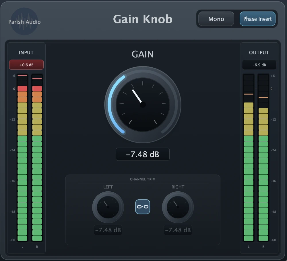 Parish Audio「Gain Knob」音質を変えずにゲイン調整・左右バランス補正・モノラルチェック・位相反転まで行える無料ユーティリティプラグイン｜DTMプラグインセール