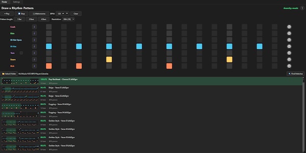 Anarchy-music「Rhythm Lens」描いたドラムパターンから似たMIDI・BFDグルーブを検索し、目的のリズムを素早く見つけられるオープンソースソフト｜DTMプラグインセール