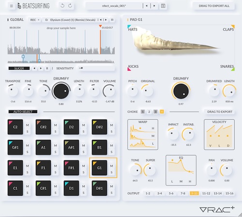 BEATSURFING「VRAC+」どんな音も一瞬でドラム化!サンプルを自動スライスしてキット化、モーフィングで自在に音作りできる次世代ドラムツール|DTMプラグインセール