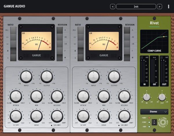 GANUE Audio「Rivet」入力レベルでコンプレッションとサウンドキャラクターを自在にコントロールできる5種類のREVISION搭載FETコンプレッサー｜DTMプラグインセール