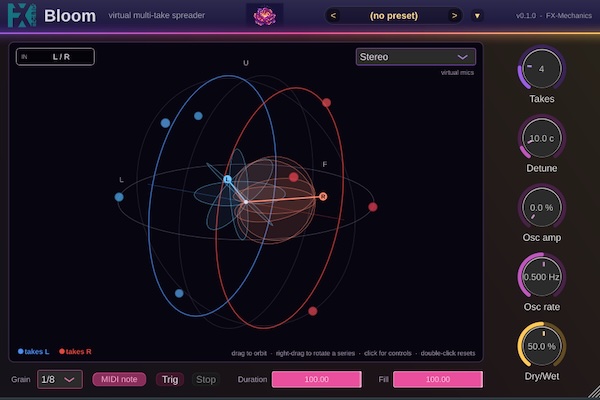 FX-Mechanics「Bloom」1つの演奏から最大32個の仮想テイクを生成し、立体的で自然な広がりを持つサウンドを作れるオーディオプラグイン｜DTMプラグインセール