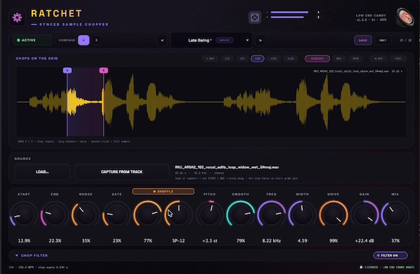 Low End Candy「Ratchet」ループやボーカルをテンポに同期してグルーヴ感のあるフレーズへ変換できるサンプルチョッパー|DTMプラグインセール