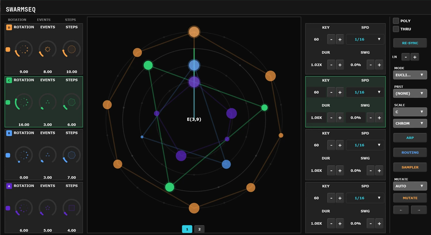 SWARM AUDIO DSP「Swarmseq」6種類の数学アルゴリズムで変化し続けるリズムとメロディを自動生成できるジェネレーティブMIDIシーケンサー&サンプラー|DTMプラグインセール