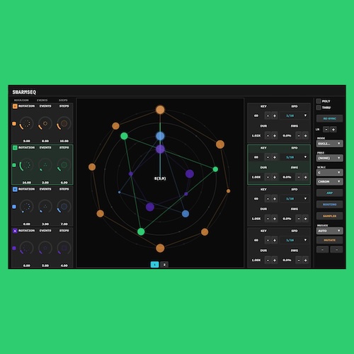 SWARM AUDIO DSP「Swarmseq」6種類の数学アルゴリズムで変化し続けるリズムとメロディを自動生成できるジェネレーティブMIDIシーケンサー＆サンプラー｜DTMプラグインセール