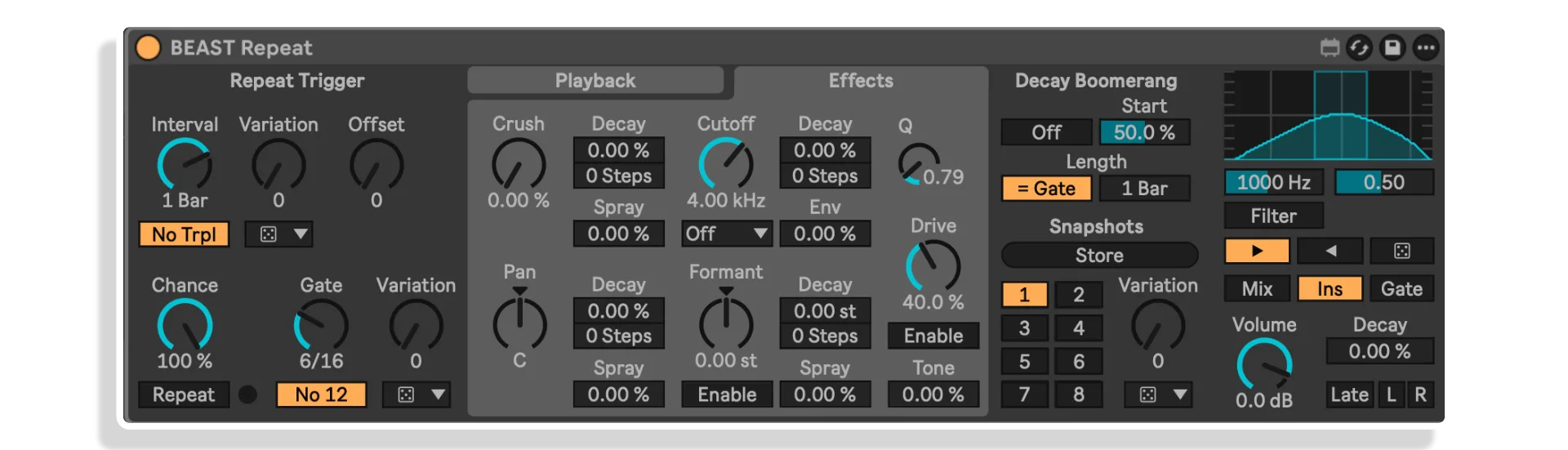 Dillon Bastan「BEAST Repeat」ピッチシフト・グラニュラー処理・Boomerangモードなど豊富な機能!Ableton LiveのBeat Repeatを大幅強化したMax for Liveエフェクト|DTMプラグインセール