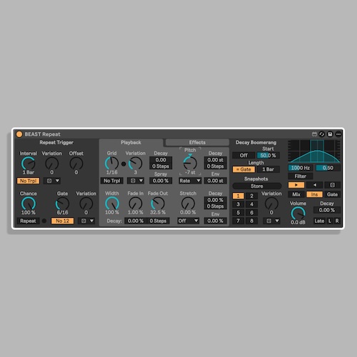 Dillon Bastan「BEAST Repeat」ピッチシフト・グラニュラー処理・Boomerangモードなど豊富な機能！Ableton LiveのBeat Repeatを大幅強化したMax for Liveエフェクト｜DTMプラグインセール