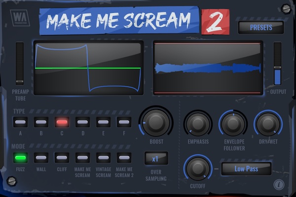 W. A. Production「Make Me Scream 2」2段階で音を徹底的に破壊&強化!真空管プリアンプ×トランジェント追従ディストーション、6種類の歪みと6種類のティンバーモードを搭載した強烈サチュレーション|DTMプラグインセール