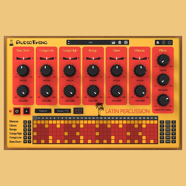 AudioThing「Latin Percussion」80年代の激レア・アナログドラムマシンを現代のDAWで再現！Bass・Conga・Bongo・Claves・Maracasの6音色とシーケンサーを搭載したヴィンテージ・パーカッション音源｜DTMプラグインセール