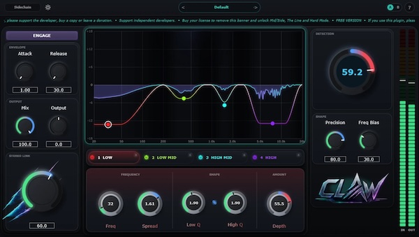 MickaelCraft「Claw Smart EQ Free Version」不要な共振だけをリアルタイムで検出・補正し、自然なサウンドを保ちながらミックスできるスマートEQプラグイン｜DTMプラグインセール