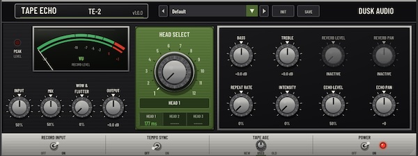 Dusk Audio「Tape Echo 2」3ヘッド仕様のテープエコーとスプリングリバーブをリアルに再現した本格ディレイ|DTMプラグインセール