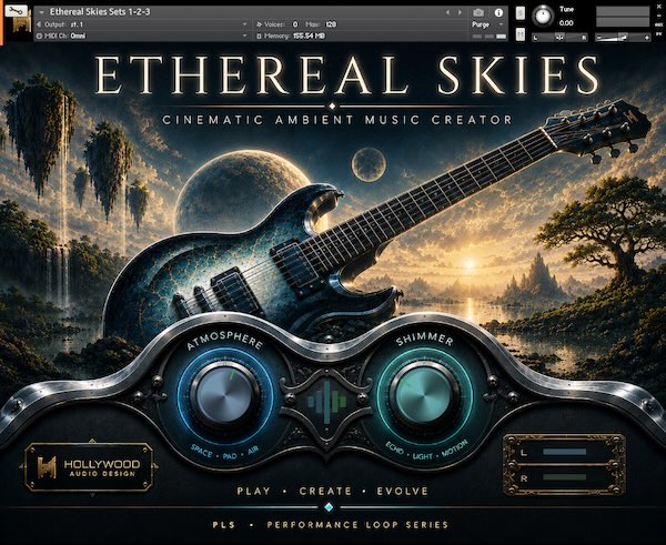Hollywood Audio Design「ETHEREAL SKIES」35種類のコンストラクションセットを収録！幻想的なアンビエントサウンドと映画音楽のような壮大な世界観を手軽に制作できるKontaktライブラリ｜DTMプラグインセール
