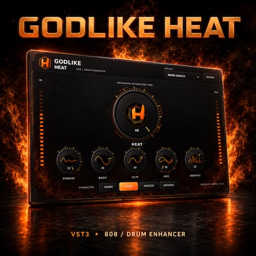 Godlike Loops「GODLIKE HEAT」808やキック、スネアを太く迫力あるサウンドへ仕上げられる無料のドラムエンハンサーVST3プラグイン｜DTMプラグインセール