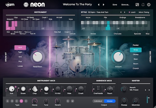 Ujam「NEON」ドラムマシンのようにタイト、でもグルーヴは本物のドラマー！70年代ヴィンテージドラムの質感と現代的なパンチを融合したNu Disco・Dance Pop・House向けドラム音源｜DTMプラグインセール