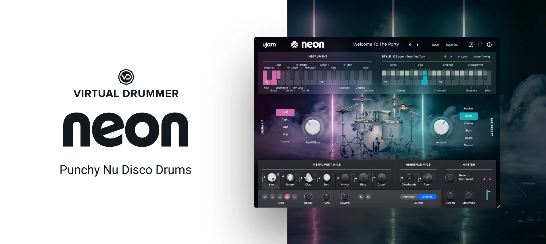 Ujam「NEON」ドラムマシンのようにタイト、でもグルーヴは本物のドラマー！70年代ヴィンテージドラムの質感と現代的なパンチを融合したNu Disco・Dance Pop・House向けドラム音源｜DTMプラグインセール