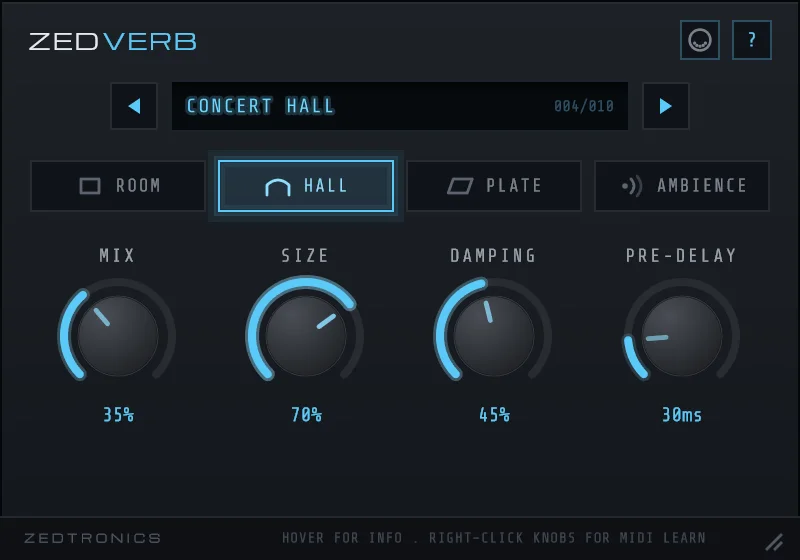 ZEDTRONICS「ZEDVERB」Room・Hall・Plate・Ambienceの4種類のリバーブを搭載したコンパクトで使いやすいリバーブ|DTMプラグインセール