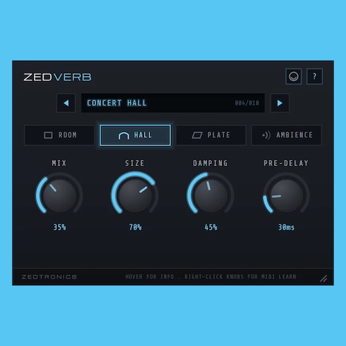 ZEDTRONICS「ZEDVERB」Room・Hall・Plate・Ambienceの4種類のリバーブを搭載したコンパクトで使いやすいリバーブ｜DTMプラグインセール