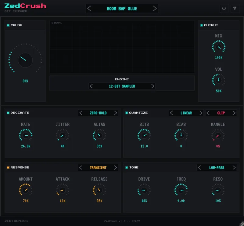 ZEDTRONICS「ZedCrush」演奏の強弱に合わせてビットクラッシュのかかり方が変化する、表情豊かなサウンドを作れる無料ビットクラッシャー|DTMプラグインセール