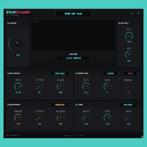ZEDTRONICS「ZedCrush」演奏の強弱に合わせてビットクラッシュのかかり方が変化する、表情豊かなサウンドを作れる無料ビットクラッシャー｜DTMプラグインセール