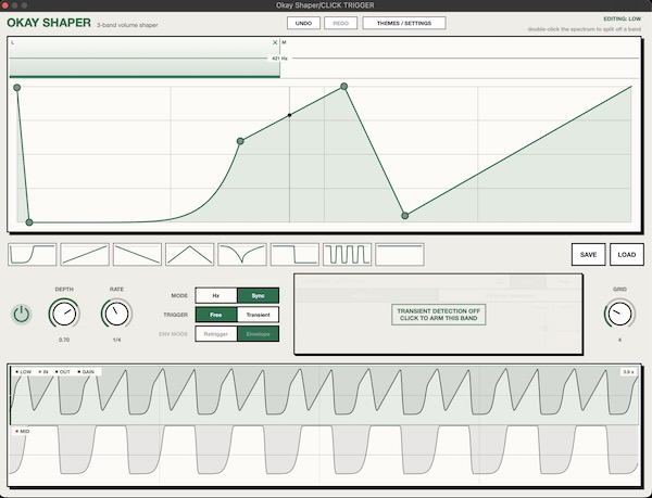 Okay Synthesizer「Okay Shaper」低域・中域・高域をそれぞれ独立してコントロールできる3バンド対応の無料ボリュームシェイパー|DTMプラグインセール