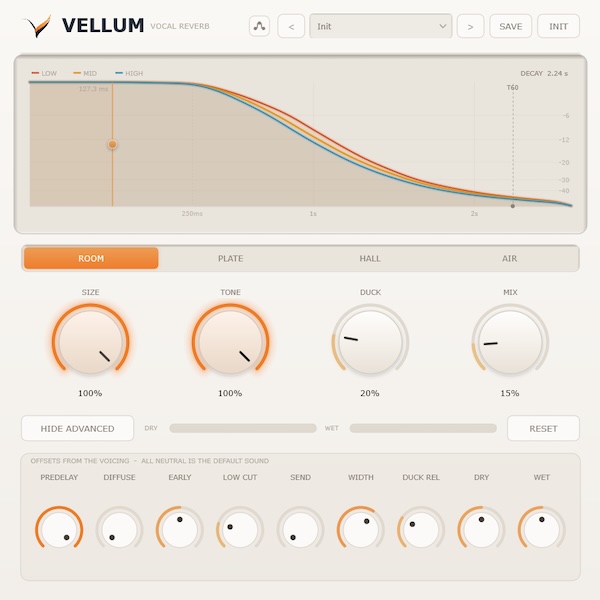 CarbonDSP「Vellum」金属的な響きを抑える独自設計やDUCK機能、4種類の空間タイプ!4つのノブだけで自然なボーカルリバーブを作れる無料プラグイン|DTMプラグインセール