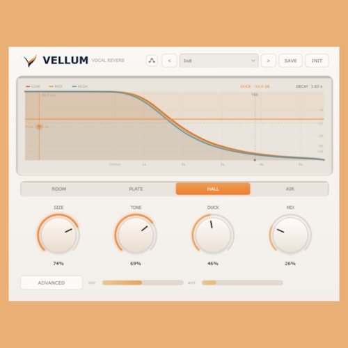 CarbonDSP「Vellum」金属的な響きを抑える独自設計やDUCK機能、4種類の空間タイプ！4つのノブだけで自然なボーカルリバーブを作れる無料プラグイン｜DTMプラグインセール