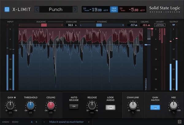 Solid State Logic「SSL X-Limit」音圧を上げながらピークとステレオイメージまで精密にコントロール!True Peak対応、Transparent・Glue・Punch・Autoの4モードを搭載したトラック&バス向け高精度リミッター|DTMプラグインセール