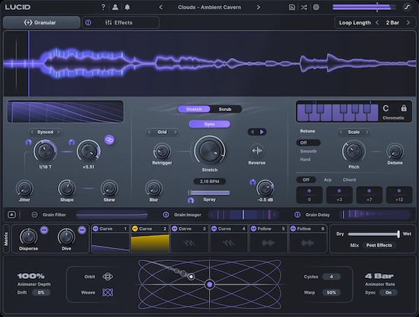 Minimal Audio「Lucid」どんな音でも“粒子”へ分解してコード、ハーモニー、アルペジオ、シマー、リズミックテクスチャへ変換！キーとテンポを維持しながらピッチと時間を大胆に操れる次世代グラニュラーエフェクト｜DTMプラグインセール