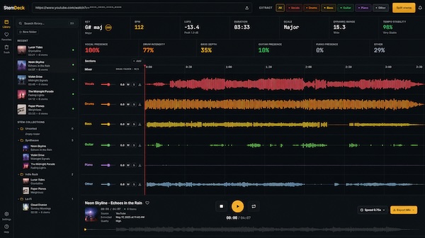StemDeck「StemDeck」音楽ファイルをボーカル・ドラム・ベースなどのパートごとに分離できるオープンソースの音声分離ツール｜DTMプラグインセール