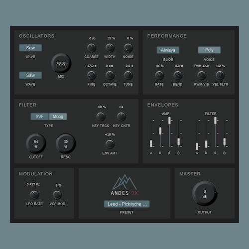 Noiseroom UIO「Andes JX」2基のPolyBLEPオシレーターや2種類のフィルターを搭載した、オープンソースのポリフォニック・サブトラクティブシンセサイザー｜DTMプラグインセール