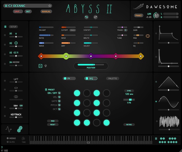 Tracktion「Dawesome Abyss II」シンセの知識ではなく「色」を選ぶ感覚で音作り！Warm・Dark・Silky・Lush・Fatなどのサウンドカラーを組み合わせ、直感で自分だけの音色を生み出せるシンセサイザー｜DTMプラグインセール