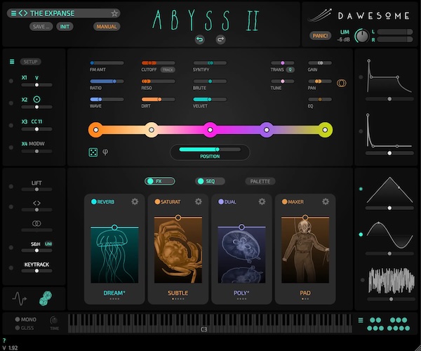 Tracktion「Dawesome Abyss II」シンセの知識ではなく「色」を選ぶ感覚で音作り！Warm・Dark・Silky・Lush・Fatなどのサウンドカラーを組み合わせ、直感で自分だけの音色を生み出せるシンセサイザー｜DTMプラグインセール