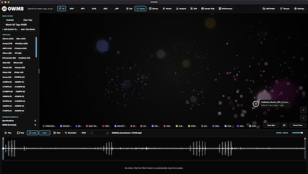 Samplesonics「OWMB（OpenWav Media Browser）」3Dビューでサンプルを視覚的に管理し、高速検索やタグ検索で目的の音をすばやく見つけられるオープンソースのサンプル管理ツール｜DTMプラグインセール