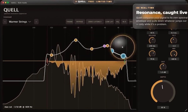 BUHR AUDIO「Quell（Spectral Resonance Suppressor）」ボーカルやギター、ドラムの不要な共鳴音をリアルタイムで自動検出・抑制し、自然な音質を維持しながらミックスを整えられるレゾナンス抑制プラグイン｜DTMプラグインセール