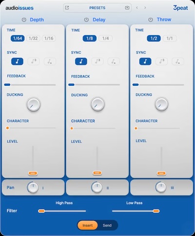 Audio Issues「Threepeat」3つのディレイエンジンを1つの画面で操作できる、奥行き・広がり・リズム感を簡単に演出できるディレイプラグイン｜DTMプラグインセール