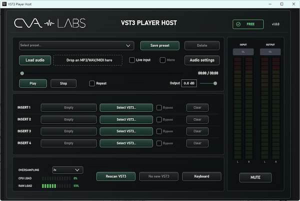 CVA Labs「VST3 Host」最大4つのプラグインチェーンやオーディオ・MIDIファイル再生、リアルタイム入力に対応した便利なVST3ホスト｜DTMプラグインセール