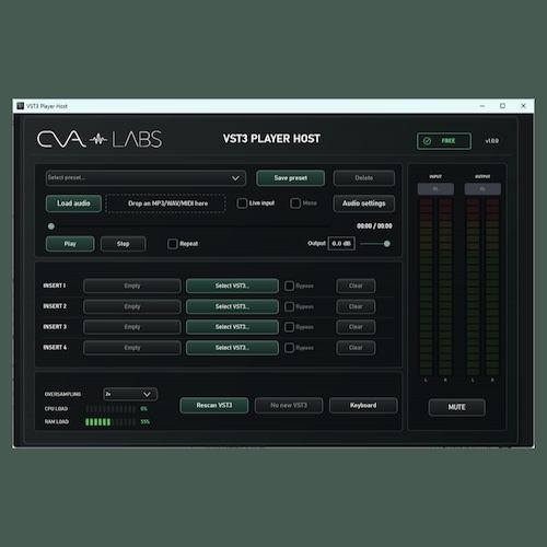 CVA Labs「VST3 Host」最大4つのプラグインチェーンやオーディオ・MIDIファイル再生、リアルタイム入力に対応した便利なVST3ホスト｜DTMプラグインセール