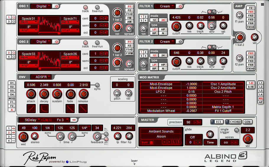 Rob Papen「Albino-3 Legend」2006年の名作ソフトシンセが現代環境で復活！4レイヤー構成・2,100種類以上のプリセット・豊富なモジュレーション機能を搭載した実力派シンセ｜DTMプラグインセール