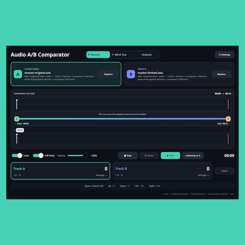 KarmaApps by KarmaGame「Audio A/B Comparator」ミックスやマスタリングで2つの音源を瞬時に比較できるA/B比較ソフト｜DTMプラグインセール