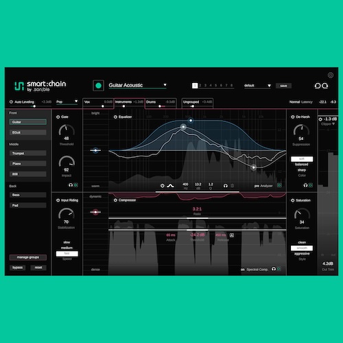 sonible「smart:chain」一度のオーディオ解析でEQ・コンプレッサー・De-Harsh・ゲート・サチュレーションまで最適なスタート地点を提案するAI搭載オールインワンミキシングプラグイン｜DTMプラグインセール