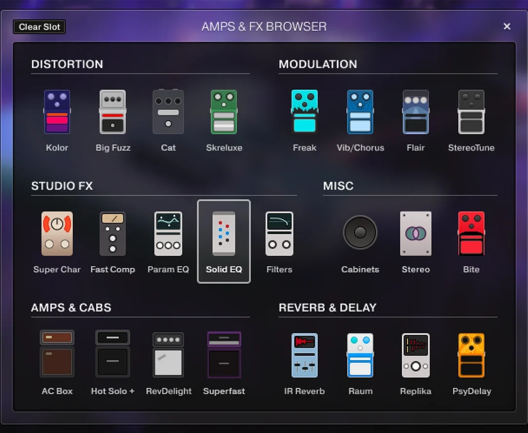 Native Instruments「Session Guitarist - Electric Neon Deluxe」EDMやモダンポップに映えるエレキギターを即戦力で導入！パターン＆メロディ演奏、フィンガー・アーティキュレーション、30種類のFX／アンプチェイン、240パターンを収録したギター音源｜DTMプラグインセール